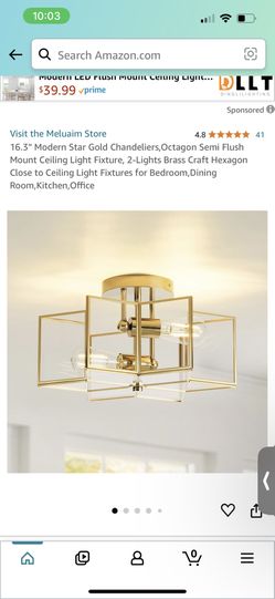16.3” Modern Star Gold Chandeliers,Octagon Semi Flush Mount Ceiling Light Fixture, 2-Lights Brass Craft Hexagon Close to Ceiling Light Fixtures for Be