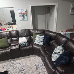 Dark Brown Leather Sectional With Two Recliners