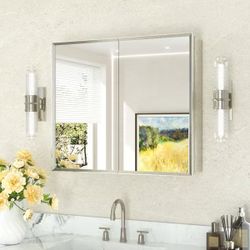 30” x 26” Aluminum Medicine Cabinet w/ Mirror – Brushed Nickel Bathroom Vanity Storage