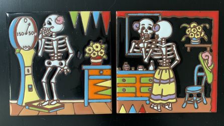 Day of the Dead Glazed Tiles Skeletons