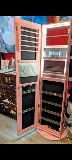 Pink 360° Rotating Jewelry Armoire with Full-Length Mirror espejo con luz LED para maqillaje