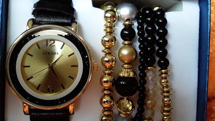 Black crystal faced Strada watch with matching 5 bracelet set.