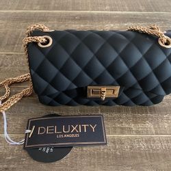 New deluxity Los angeles black quilted, vegan small gold chain bag
