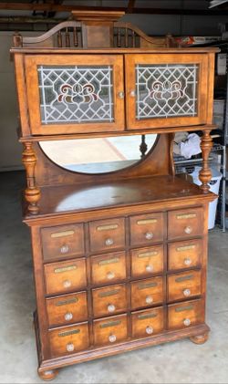 Vintage Apothecary Cabinet Hutch w/ Stained Glass, Lighted Display & 4 Hidden Drawers