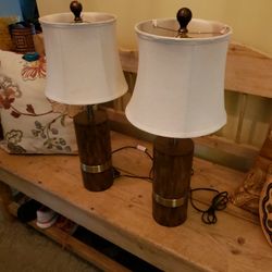 Pair Of Wood & Brass Lamps