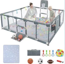 79"x71"Baby Playpen with Mat Indoor＆Outdoor Playpen for Babies and Toddlers with Breathable Play Pen with Ocean Balls Hanging Pocket Basketball Hoop a