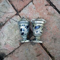 Vintage Blue Glass Silver plate Salt & Pepper Shaker Set