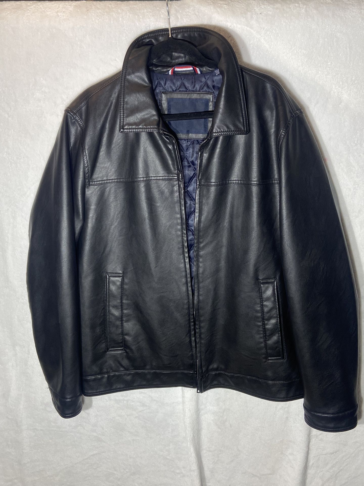 Tommy Hilfiger Men's Black Laydown Faux Leather Collar Jacket Coat Sz. L