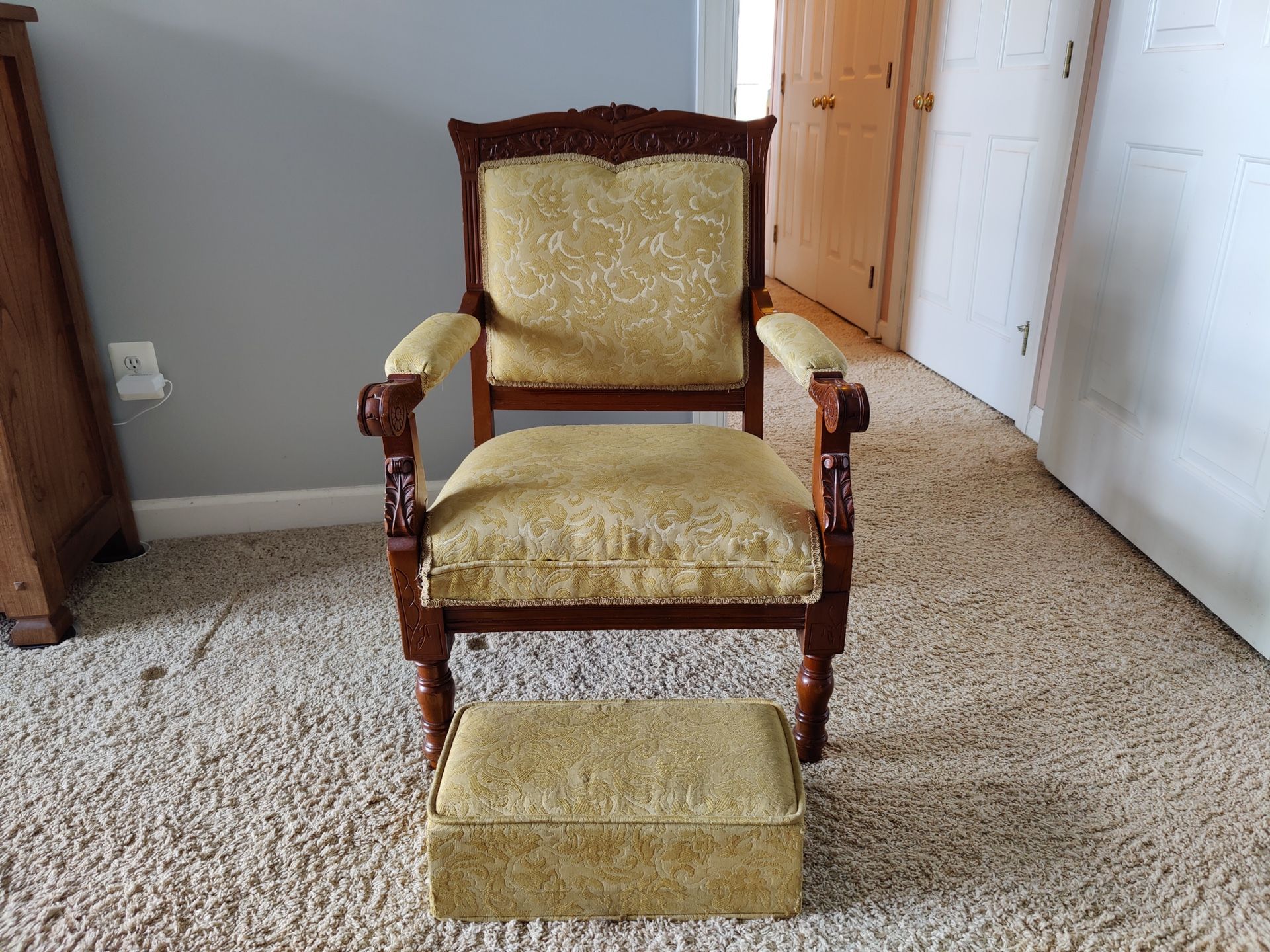 Antique golden throne arm chair with matching ottoman