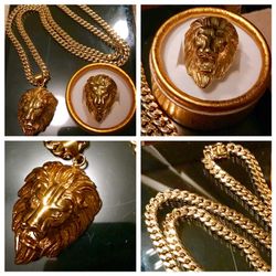 14K Gold Plated Miami Chain With Lion Pendant & Lion Ring