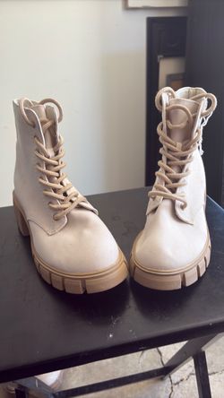 Cream Lace-Up Combat Boots with Lug Sole