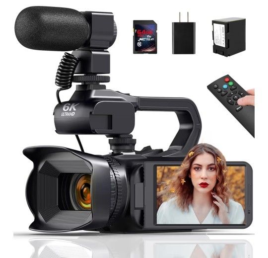 6K Video Camera Camcorder 64MP IR Night Vision Vlogging Camera for YouTube 18X Digital Zoom 4.0" Touch Screen Digital Camera with WiFi, Mic, Battery, 