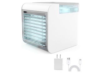 Portable Air Conditioner Fan, 4-in-1 Mini Air Cooler with 450ML Water Tank, 3 Speeds Portable Fan 7 Colors LED Ambient Light, Mini Evaporative Cooler