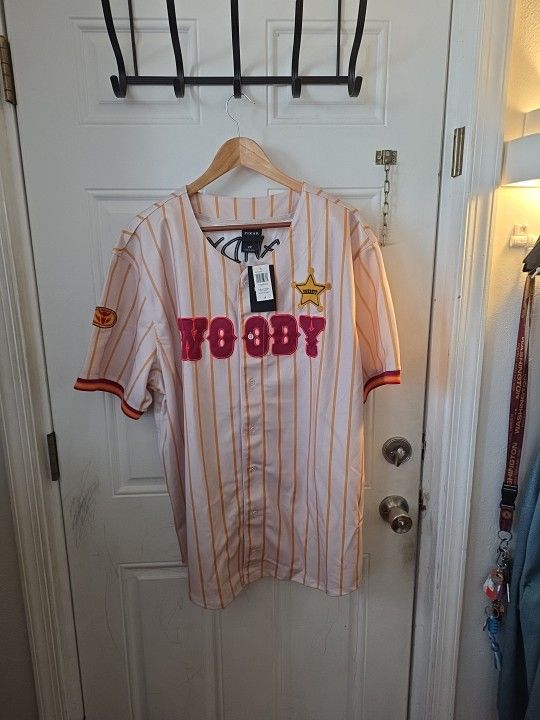 Disney Pixar Toy Story Woody Baseball Unisex 2X Jersey Beige Striped NWT (F3)