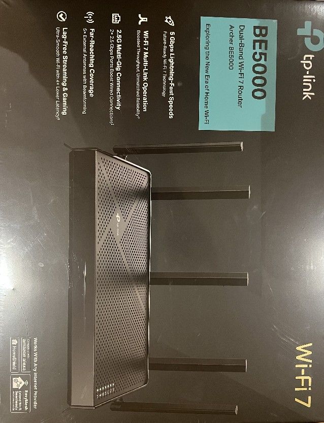 TP-LINK
Archer BE5000 : Dual-Band Wi-Fi 7 Router : 2. 5G Multi-Gig Connectivity : 5x External Antennas with Beamforming