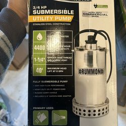 DRUMMOND 3/4 HP Submersible Utility Pump, Stainless Steel Construction, 4400 GPH