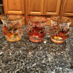 Lot Of 3 Fall  Candle Holders.  Crackle Glass With Pumpkins, Leaves And Berries.  Size  3 1/2 inches Tall .  Brand New With Tags  