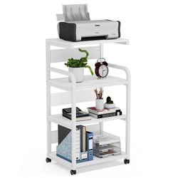 New White 4-Shelf Mobile Printer Stand with Storage Shelves,