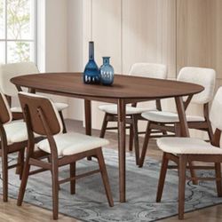 Brand New Walnut & Beige Mid Century Modern Style 7pc Dining Table Set