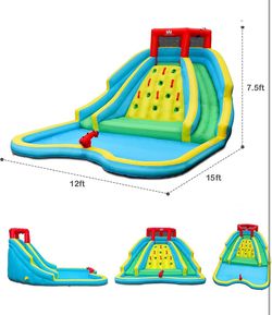 Inflatable Water Slide Park, 15x12FT Double Slides Kids Mega Waterslide for Outdoor Racing Fun, Heavy Climbing Wall, Blow up Water Slides Inflatables