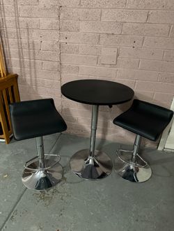 Round Top Bar Table and 2 Swivel Bonded Adjustable Bar Sets Metal, Faux Leather Black