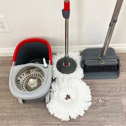 (NEW) $35 Combo Set Broom Dustpan & Spin Mop Wheels Extended Handle with 2pc Microfiber Mop Heads