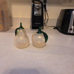Frosted glass pear and apple with green stem and leaf
