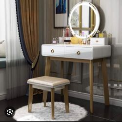 White Makeup Vanity W/ Stool And LED Mirror