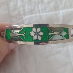Vtg.Mexico Silver Inlaid Abalone Shell & Enameled Flower Latched Bracelet
