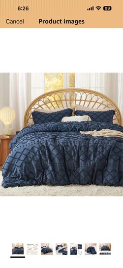 Bedsure Queen Comforter Set - Navy Blue Comforter, Boho Tufted Distressed Vintage Bedding for Kids, 3 Pieces Farmhouse-Style Bed Set for All Seasons, 
