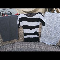 Light and Dark Grey Skirts, Black & Grey Striped Knit Sweater 