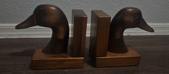 Vintage Hand-Carved Solid Wood Duck Head bookends $30