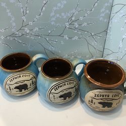 Vintage Zephyr Cove Mug Lake Tahoe Black Bear Large Blue & Brown Coffee Mug Set