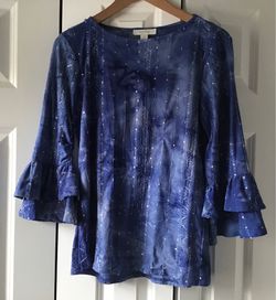 CORAL BAY~Size Small~Blue Tie-Dye Sequin Embellished Blouse/Shirt~Tiered Ruffle Details on Sleeves