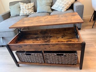 Lift Top Coffee Table with foldable Rattan baskets