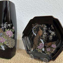 Peacock With Florals Black Background Plate And Vase 