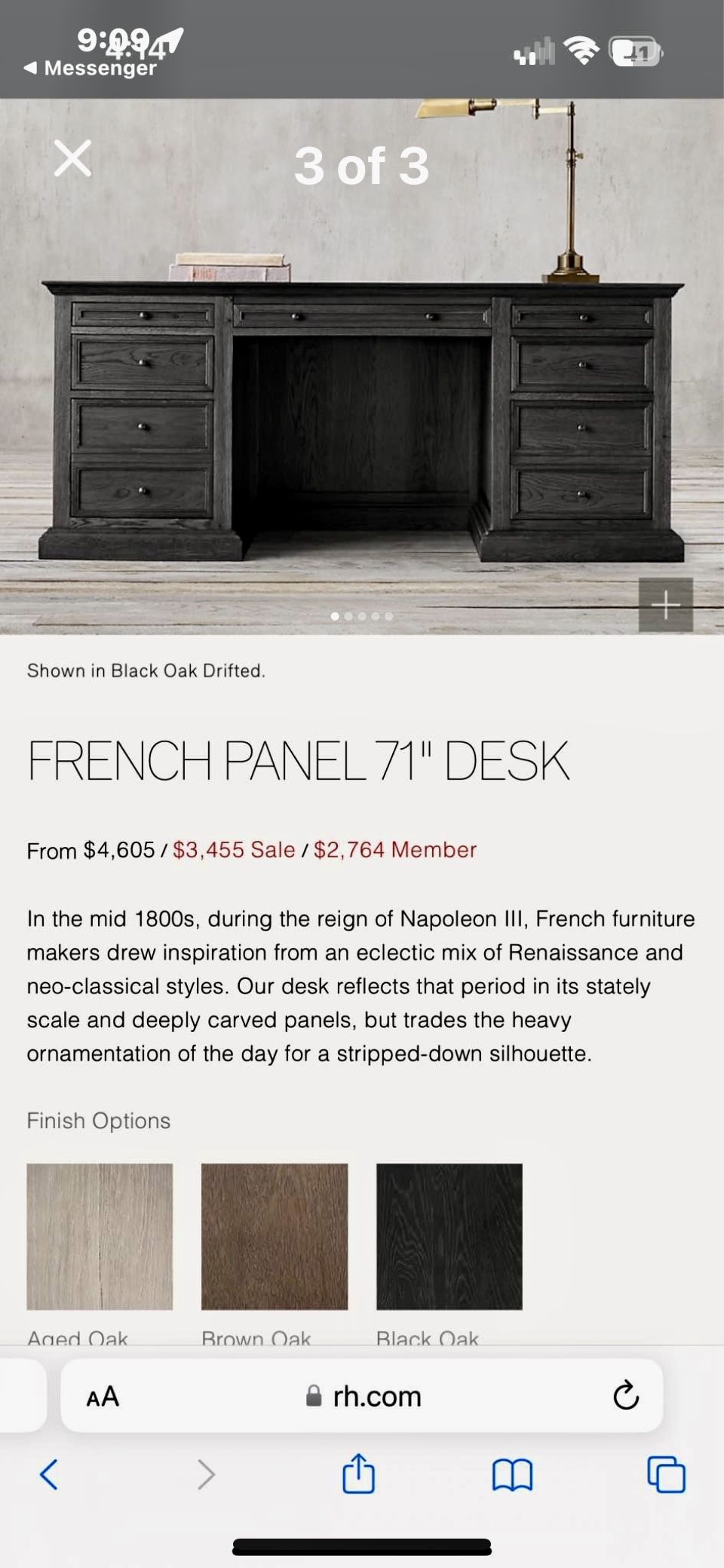 Black Oak Restoration Hardware French Panel Desk