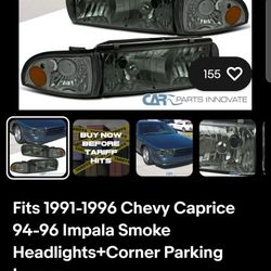 Fits Chevy Caprice 94to96 Impala Smoke Headlights+Corner Parking Lamps