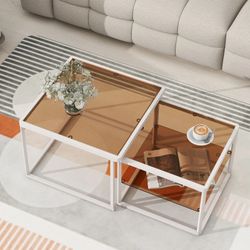 Set Of 2 - White Metal Framed Square Nesting Coffee Tables with Tinted Glass Tops  [NEW]  **Assembly Req