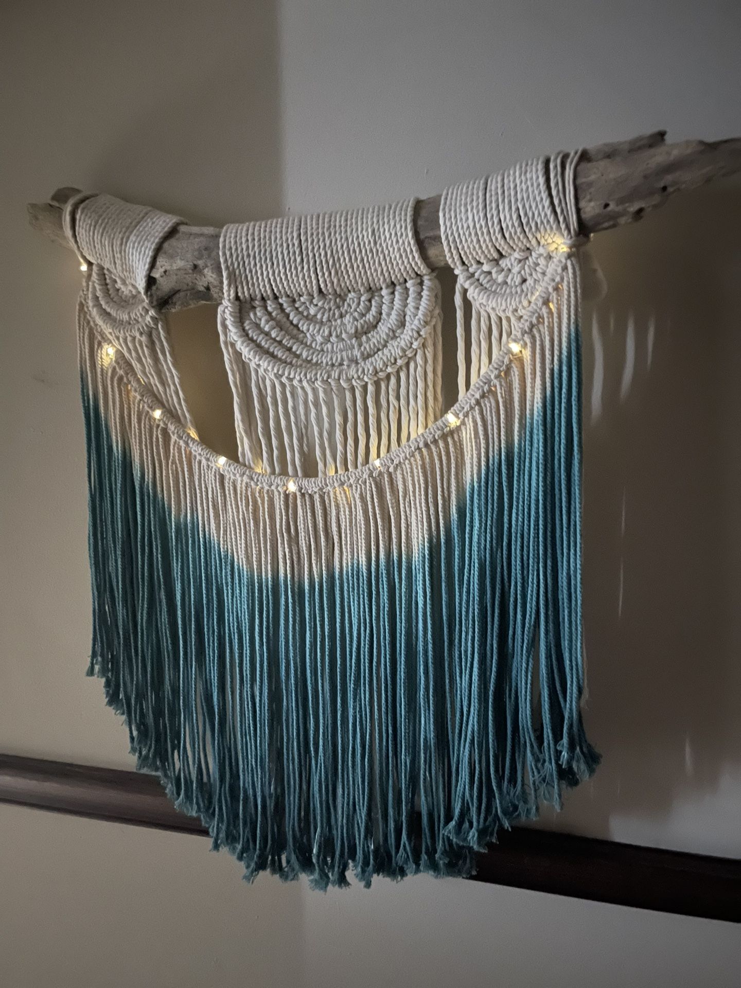 Teal And White Light Up Handmade Macrame Wall Hanging