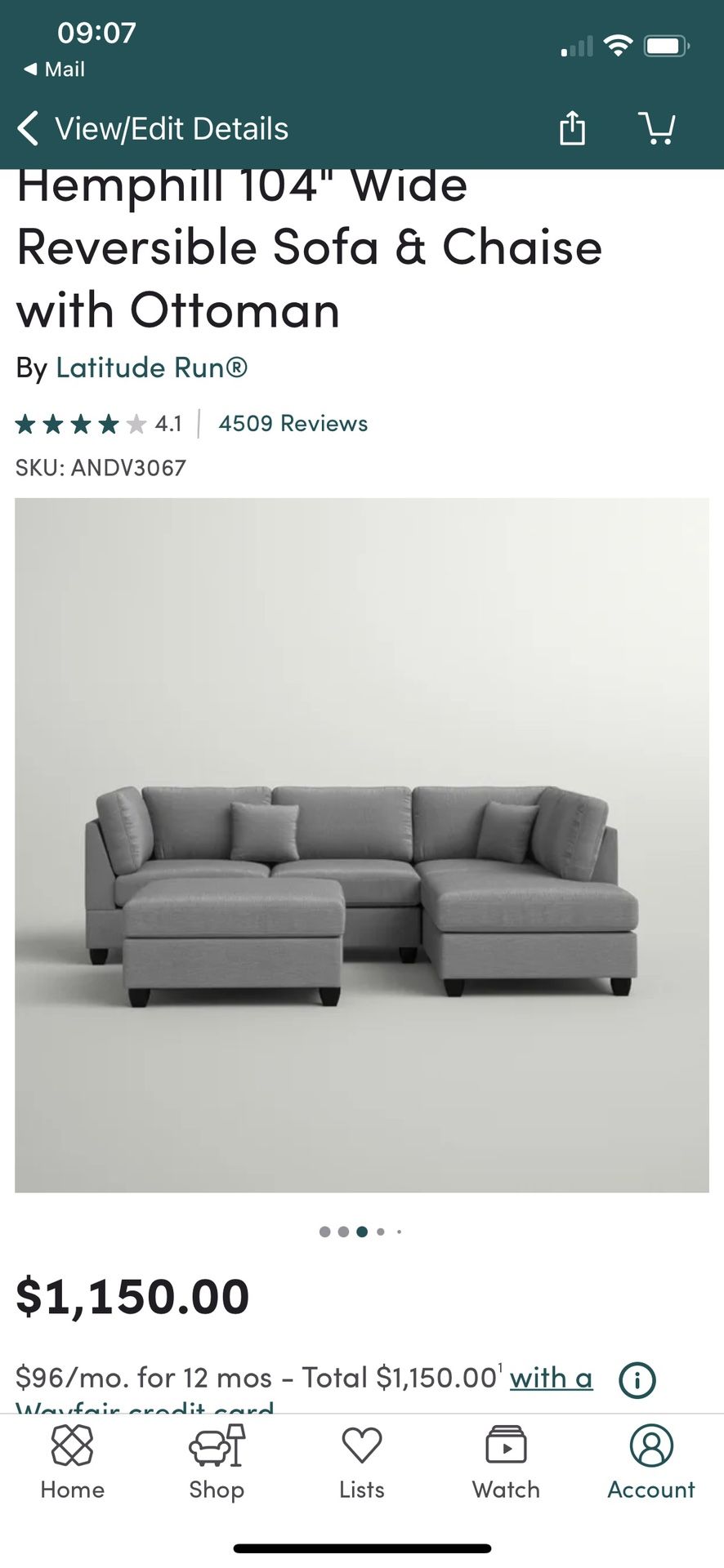 Reversible Sofa And Chaise With Ottoman