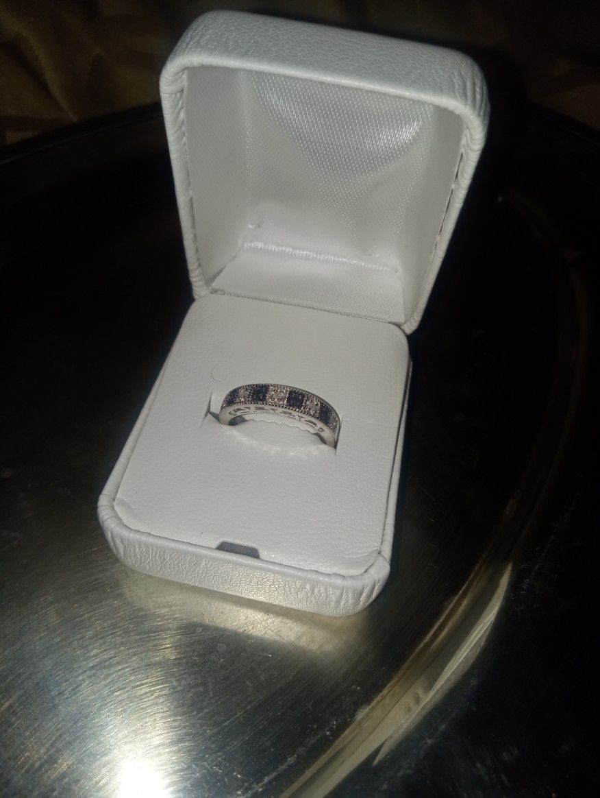 Beautiful Natural Black And White Diamond JS Sign Band Sterling Silver Size 7 And 1/2