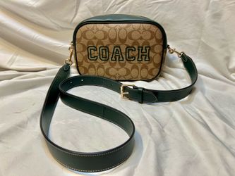 Coach Jamie Camera Bag in Signature Canvas with a varsity motif Crossbody Purse in the  Khaki/Amazon Green color