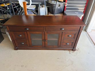 Bayside-Style Wood TV Console, 60x19.75x28.5, 4 Drawers + Glass Cabinet