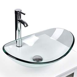 Modern Tempered Glass Sink Bathroom Vanity Vessel Sink and Faucet Combo Boat Style (AB89)