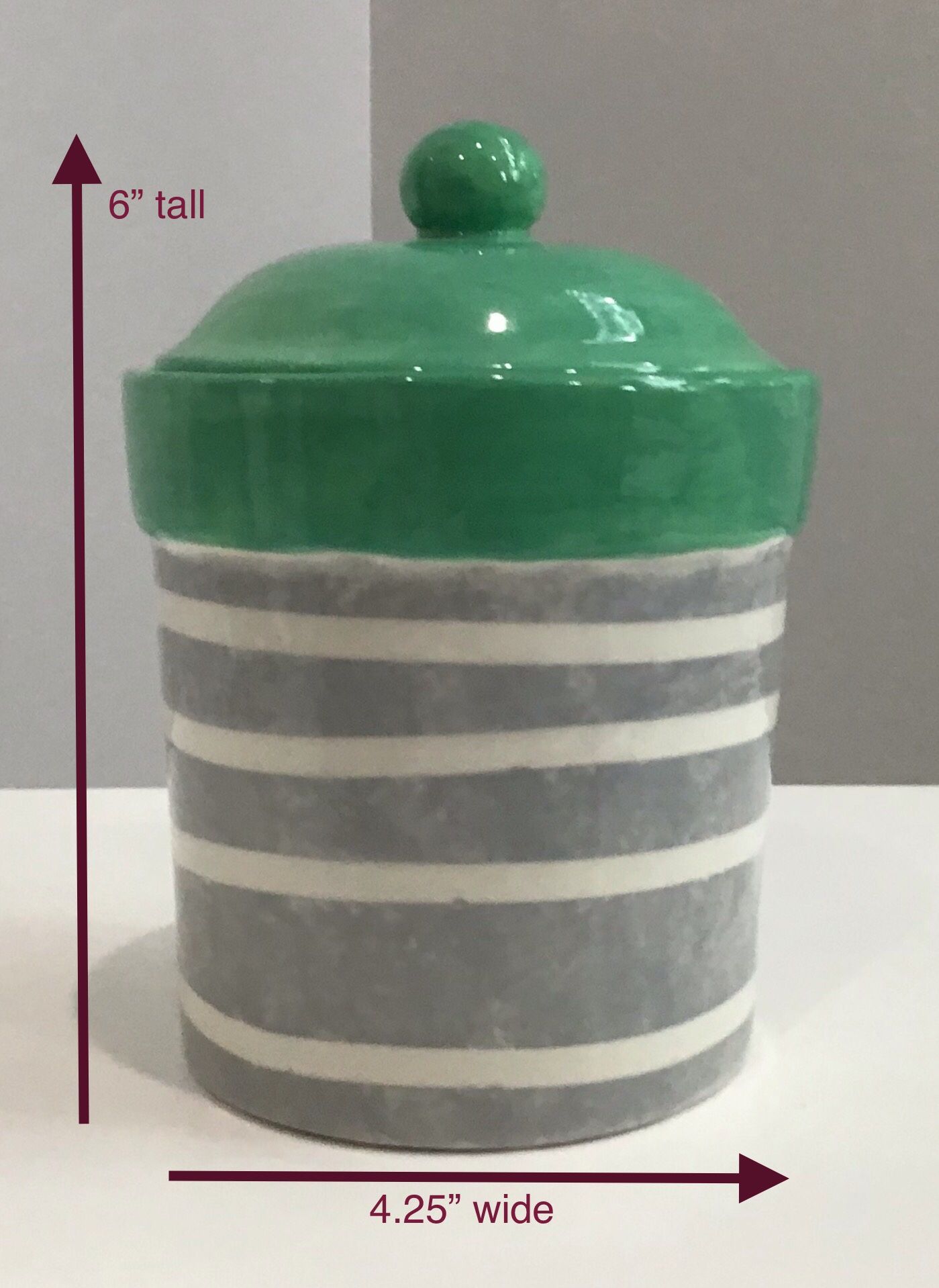 Gray and White Striped Fire Glazed Clay Canister with Green Seal Tight Lid