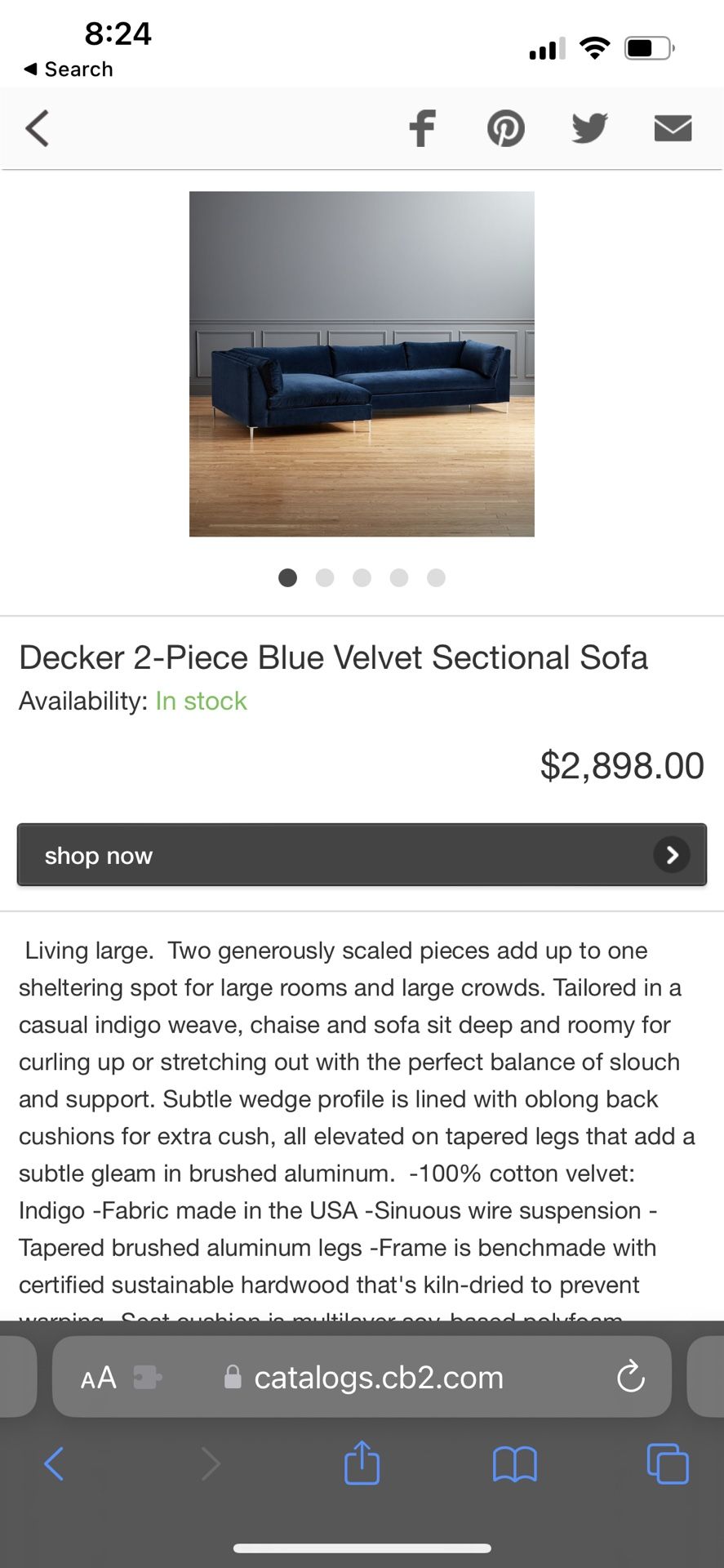 CB2 Blue Velvet Sectional Couch (Free Delivery) for Sale in Los Angeles