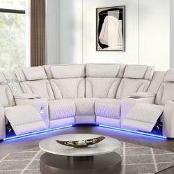 Power Reclining Sectional Sofa With Bluetooth Speakers, Led, Usb-C Ports