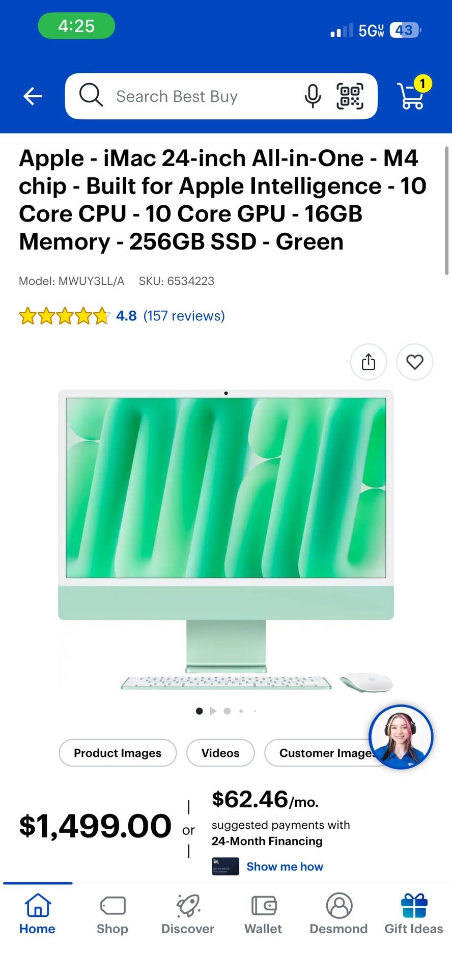 Apple - iMac 24-inch All-in-One - M4 chip - Built for Apple Intelligence - 10 Core CPU - 10 Core GPU - 16GB Memory - 256GB SSD - Green. Retails for $1