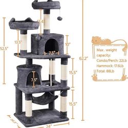  62.2 inches Cat Tree with Double Condos, Scratching Posts & Hammock, Kitty Activity Tree Center Kitten Play House, Dark Gray